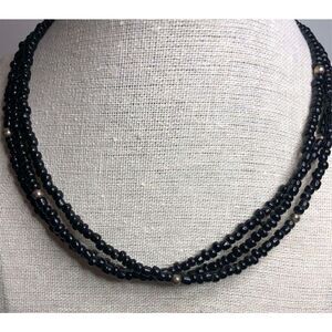 1649 Silpada N1500 3-Strand Necklace Black Glass & Sterling Silver Beads 16-18”